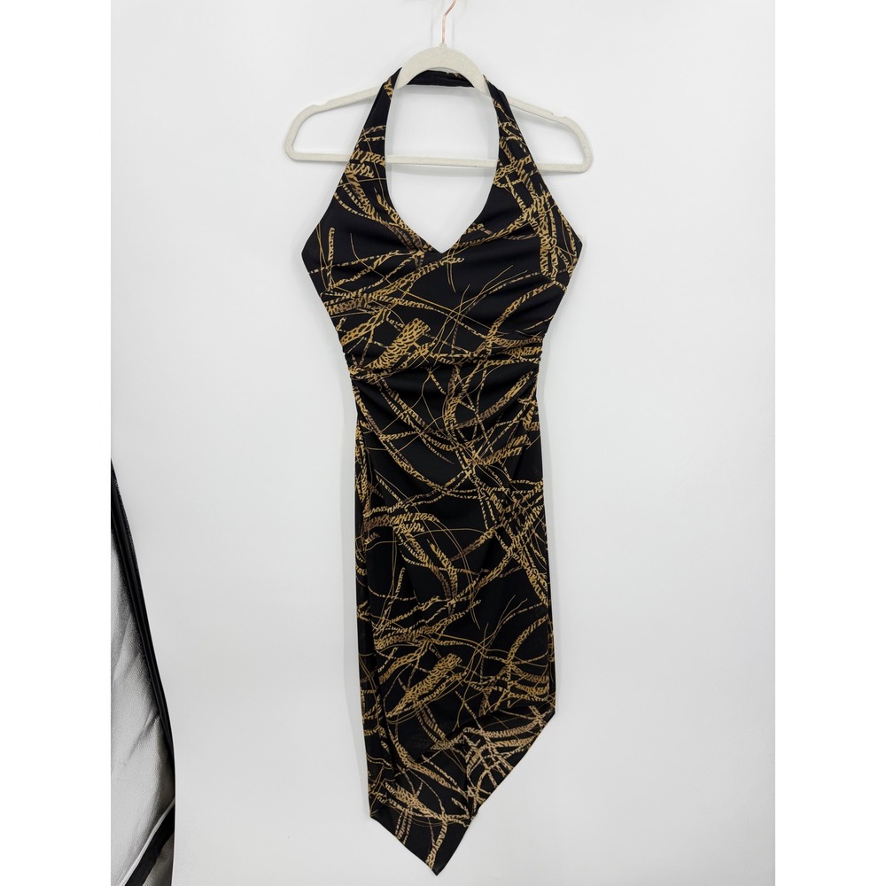 David Meister Ruched Halter Dress Womens 8 Black Gold Animal Print Asymmetrical